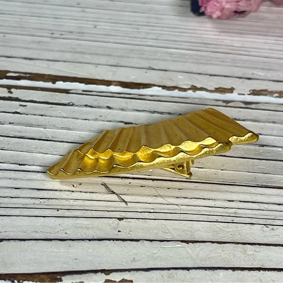 CRAFT Vintage 80’s MCM Art Deco Gold Tone Fan Signed Statement Clip On Earrings - Picture 8 of 10